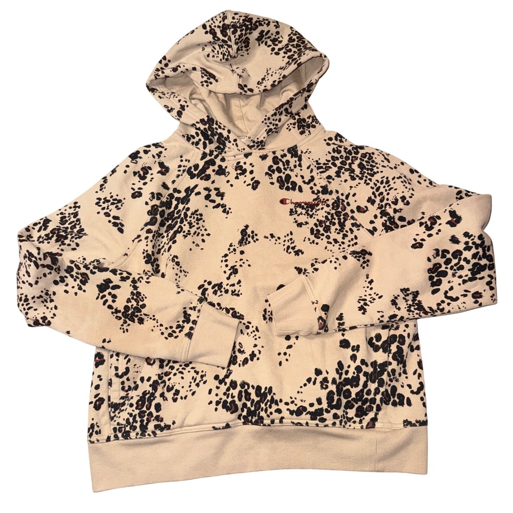 Champion Hoodie Medium Tan Leopard Print Fleece Pullover Sweatshirt